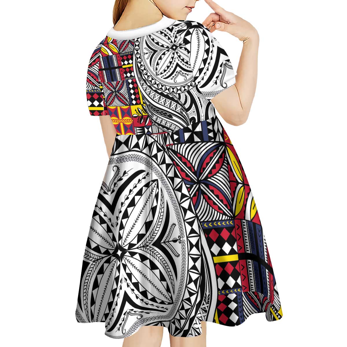 Niue Hiapo and Maori Decoration Tattoos Kid Short Sleeve Dress - Polynesian Pride