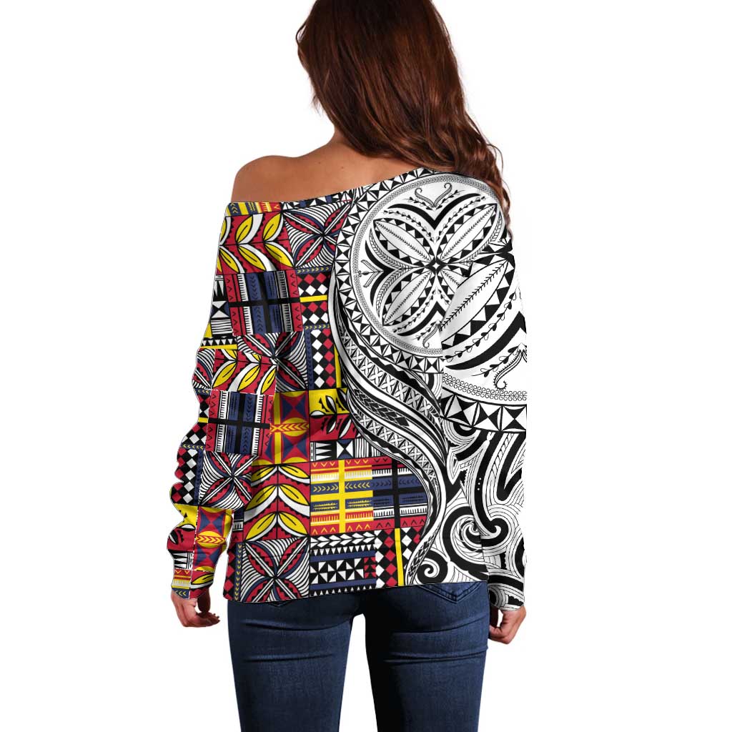 Niue Hiapo and Maori Decoration Tattoos Off Shoulder Sweater LT03 - Polynesian Pride