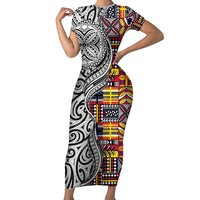 Niue Hiapo and Maori Decoration Tattoos Short Sleeve Bodycon Dress LT03 Long Dress White - Polynesian Pride