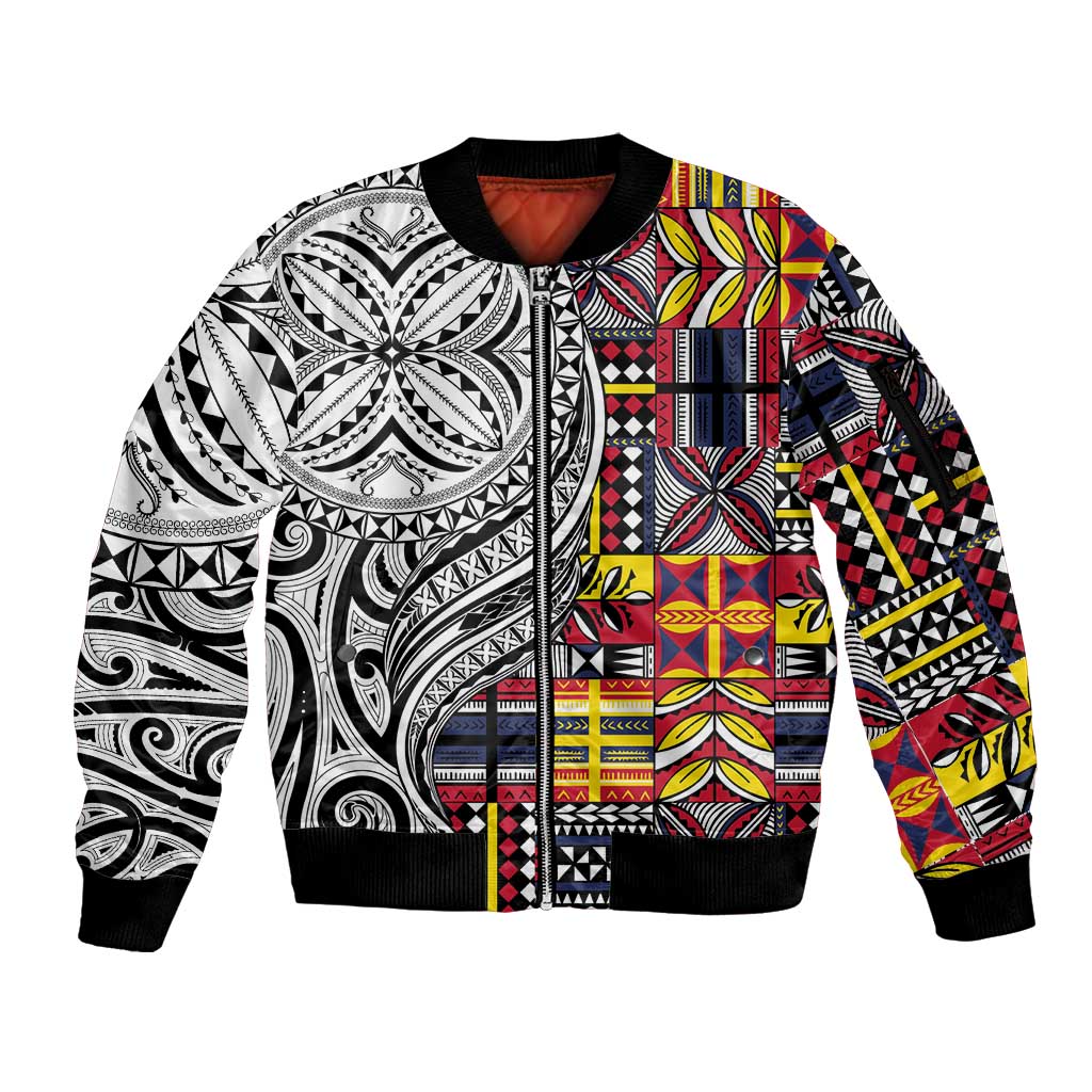Niue Hiapo and Maori Decoration Tattoos Sleeve Zip Bomber Jacket LT03 Unisex White - Polynesian Pride