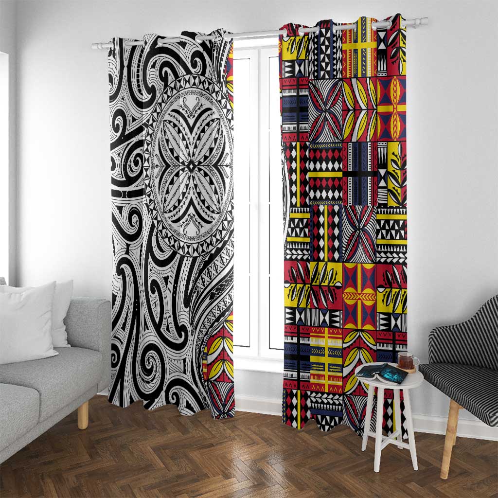 Niue Hiapo and Maori Decoration Tattoos Window Curtain LT03 With Grommets White - Polynesian Pride