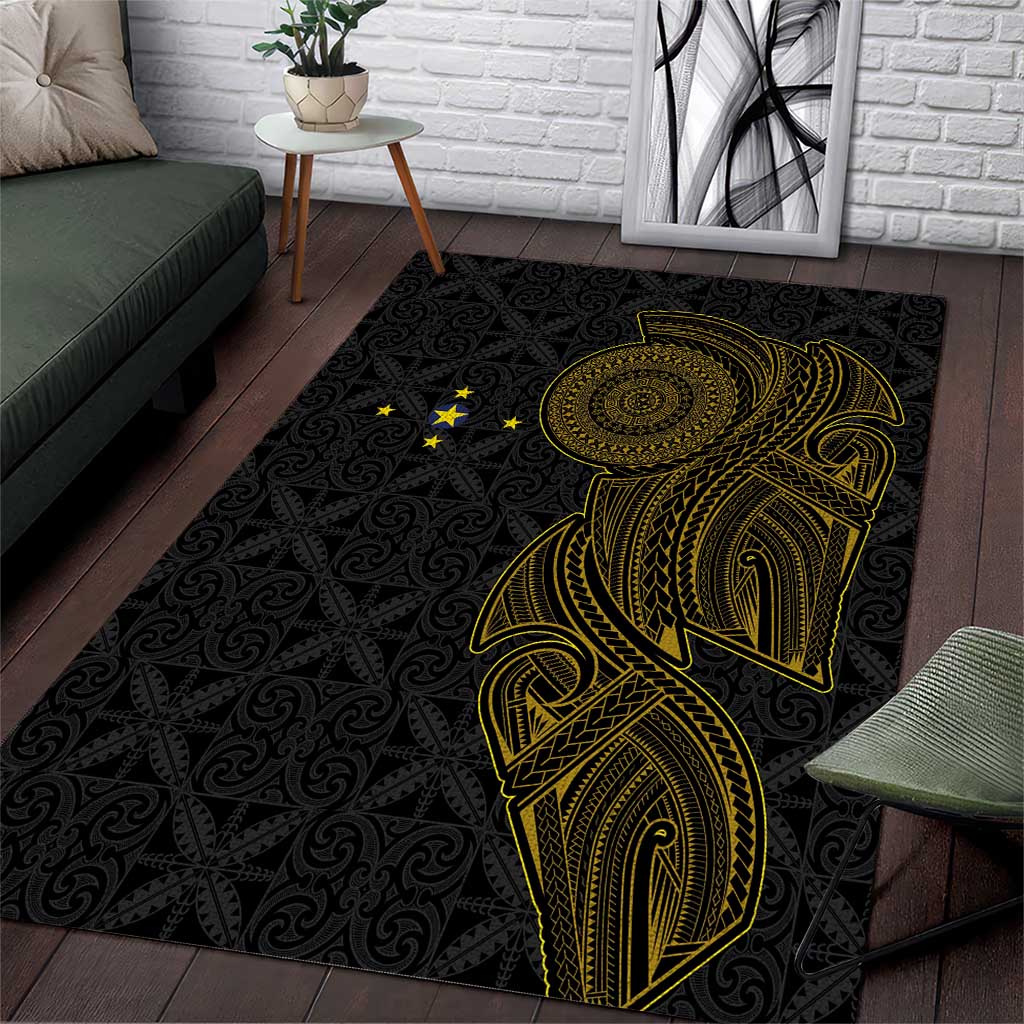 Niue Polynesian Hiapo Tattoo Art Area Rug Half Style Black Gold Color - Polynesian Pride