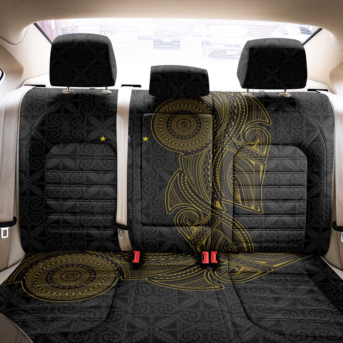 Niue Polynesian Hiapo Tattoo Art Back Car Seat Cover Half Style Black Gold Color - Polynesian Pride