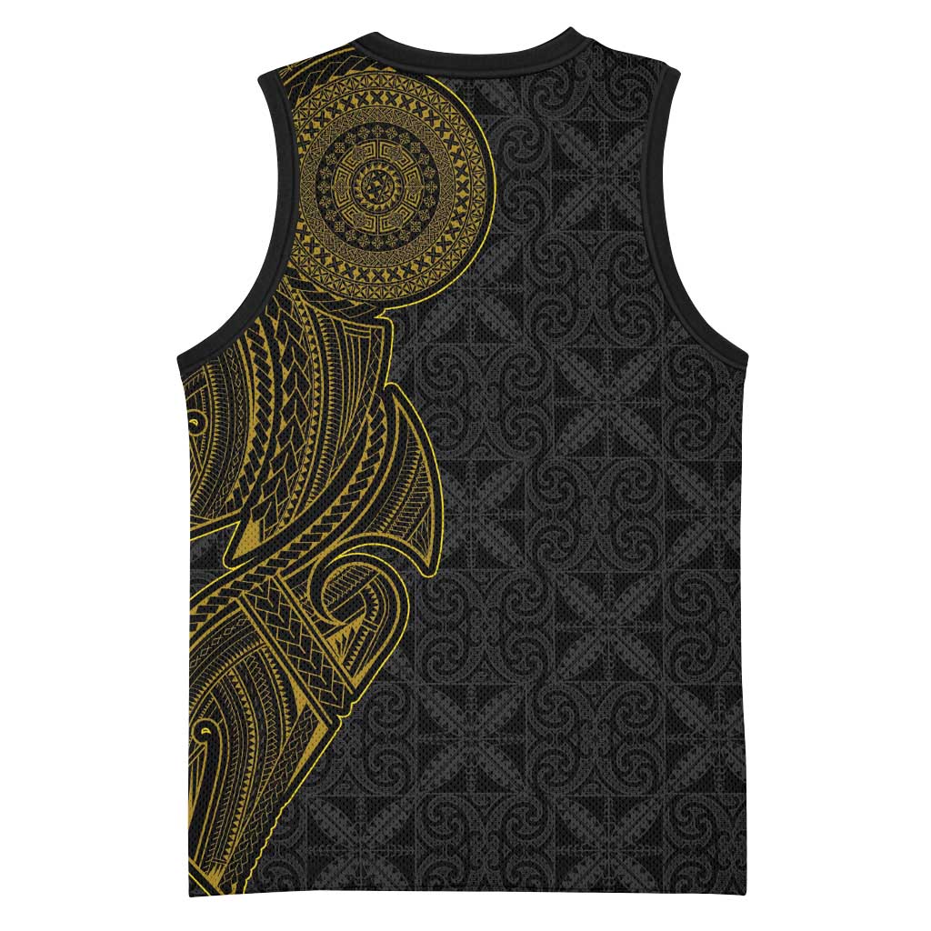 Niue Polynesian Hiapo Tattoo Art Basketball Jersey Half Style Black Gold Color - Polynesian Pride