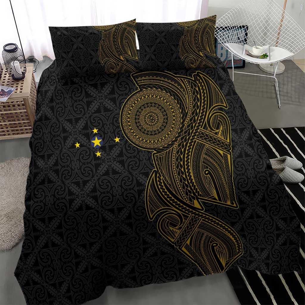Niue Polynesian Hiapo Tattoo Art Bedding Set Half Style Black Gold Color - Polynesian Pride