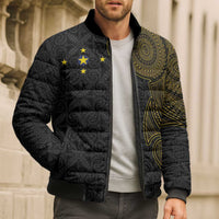 Niue Polynesian Hiapo Tattoo Art Bomber Puffer Jacket Half Style Black Gold Color - Polynesian Pride
