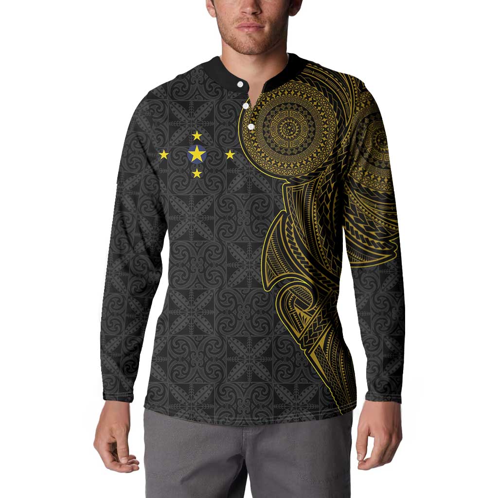 Niue Polynesian Hiapo Tattoo Art Button Sweatshirt Half Style Black Gold Color - Polynesian Pride