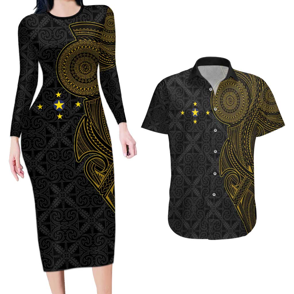 Niue Polynesian Hiapo Tattoo Art Couples Matching Long Sleeve Bodycon Dress and Hawaiian Shirt Half Style Black Gold Color - Polynesian Pride