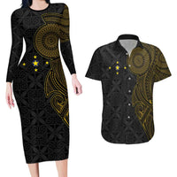 Niue Polynesian Hiapo Tattoo Art Couples Matching Long Sleeve Bodycon Dress and Hawaiian Shirt Half Style Black Gold Color - Polynesian Pride
