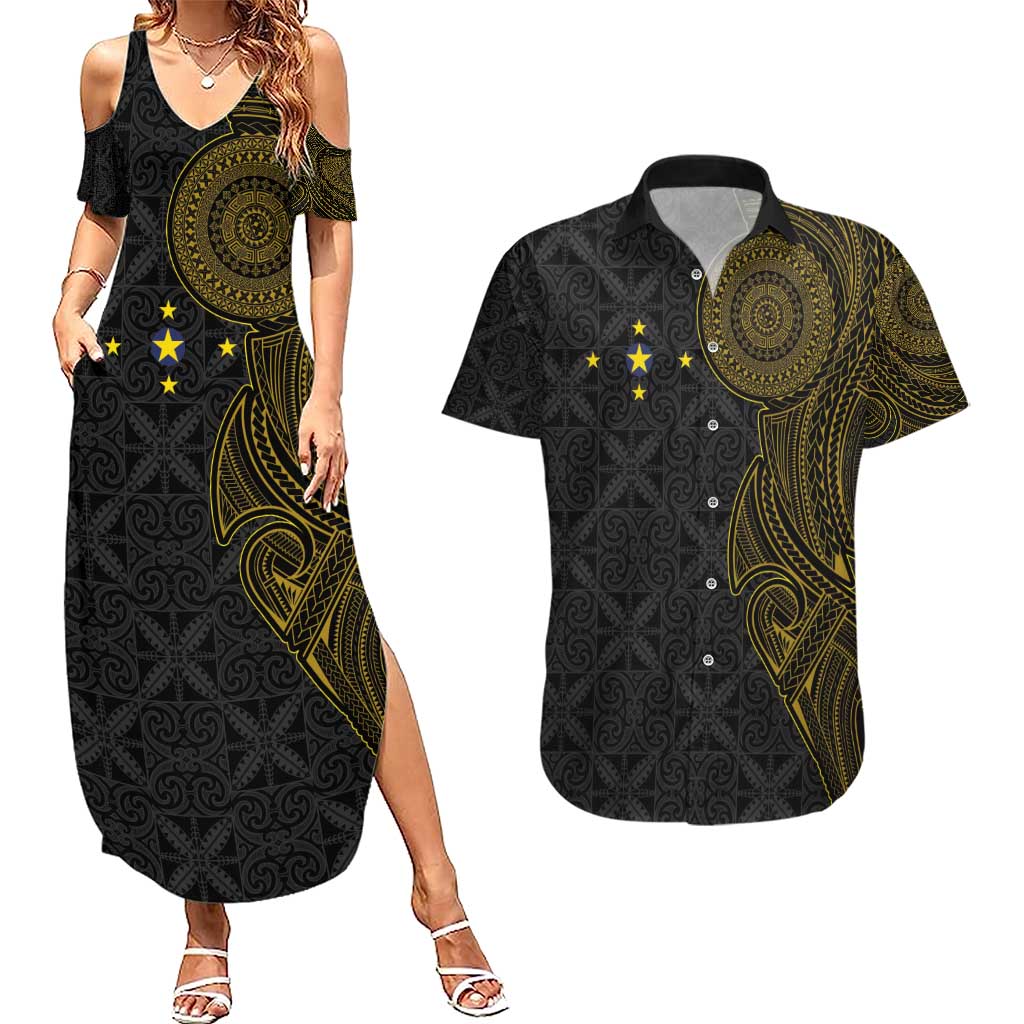 Niue Polynesian Hiapo Tattoo Art Couples Matching Summer Maxi Dress and Hawaiian Shirt Half Style Black Gold Color - Polynesian Pride