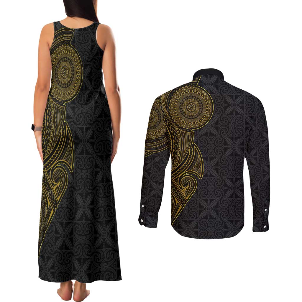 Niue Polynesian Hiapo Tattoo Art Couples Matching Tank Maxi Dress and Long Sleeve Button Shirt Half Style Black Gold Color - Polynesian Pride