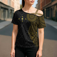 Niue Polynesian Hiapo Tattoo Art Cross Shoulder Shirt Half Style Black Gold Color - Polynesian Pride