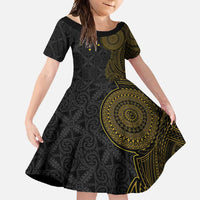 Niue Polynesian Hiapo Tattoo Art Family Matching Long Sleeve Bodycon Dress and Hawaiian Shirt Half Style Black Gold Color - Polynesian Pride