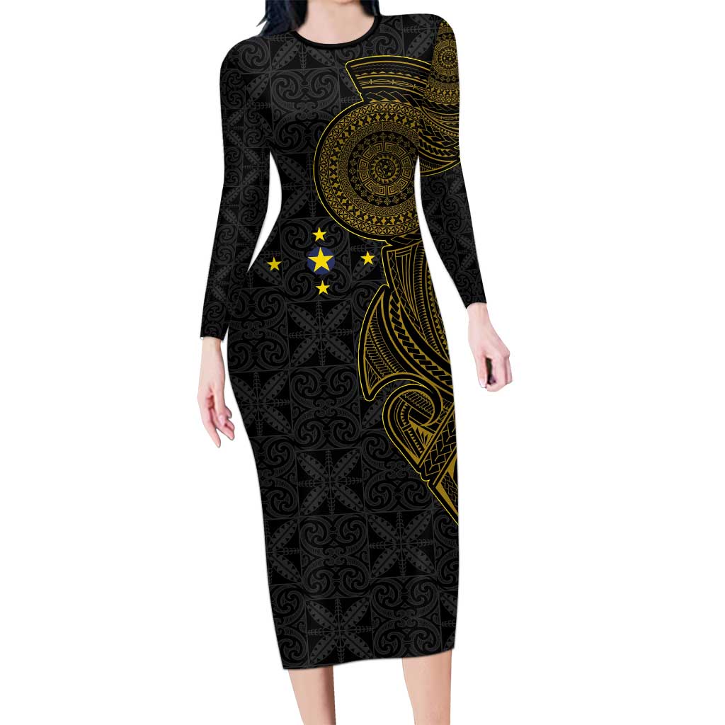 Niue Polynesian Hiapo Tattoo Art Family Matching Long Sleeve Bodycon Dress and Hawaiian Shirt Half Style Black Gold Color - Polynesian Pride