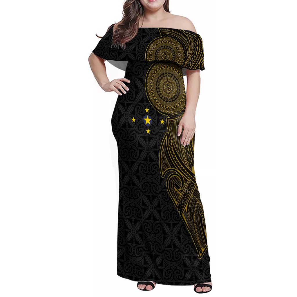 Niue Polynesian Hiapo Tattoo Art Family Matching Off Shoulder Maxi Dress and Hawaiian Shirt Half Style Black Gold Color - Polynesian Pride