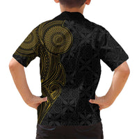 Niue Polynesian Hiapo Tattoo Art Family Matching Off Shoulder Short Dress and Hawaiian Shirt Half Style Black Gold Color LT03 - Polynesian Pride