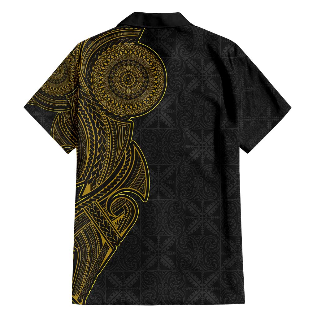 Niue Polynesian Hiapo Tattoo Art Family Matching Off Shoulder Short Dress and Hawaiian Shirt Half Style Black Gold Color LT03 - Polynesian Pride