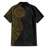 Niue Polynesian Hiapo Tattoo Art Family Matching Off Shoulder Short Dress and Hawaiian Shirt Half Style Black Gold Color LT03 - Polynesian Pride