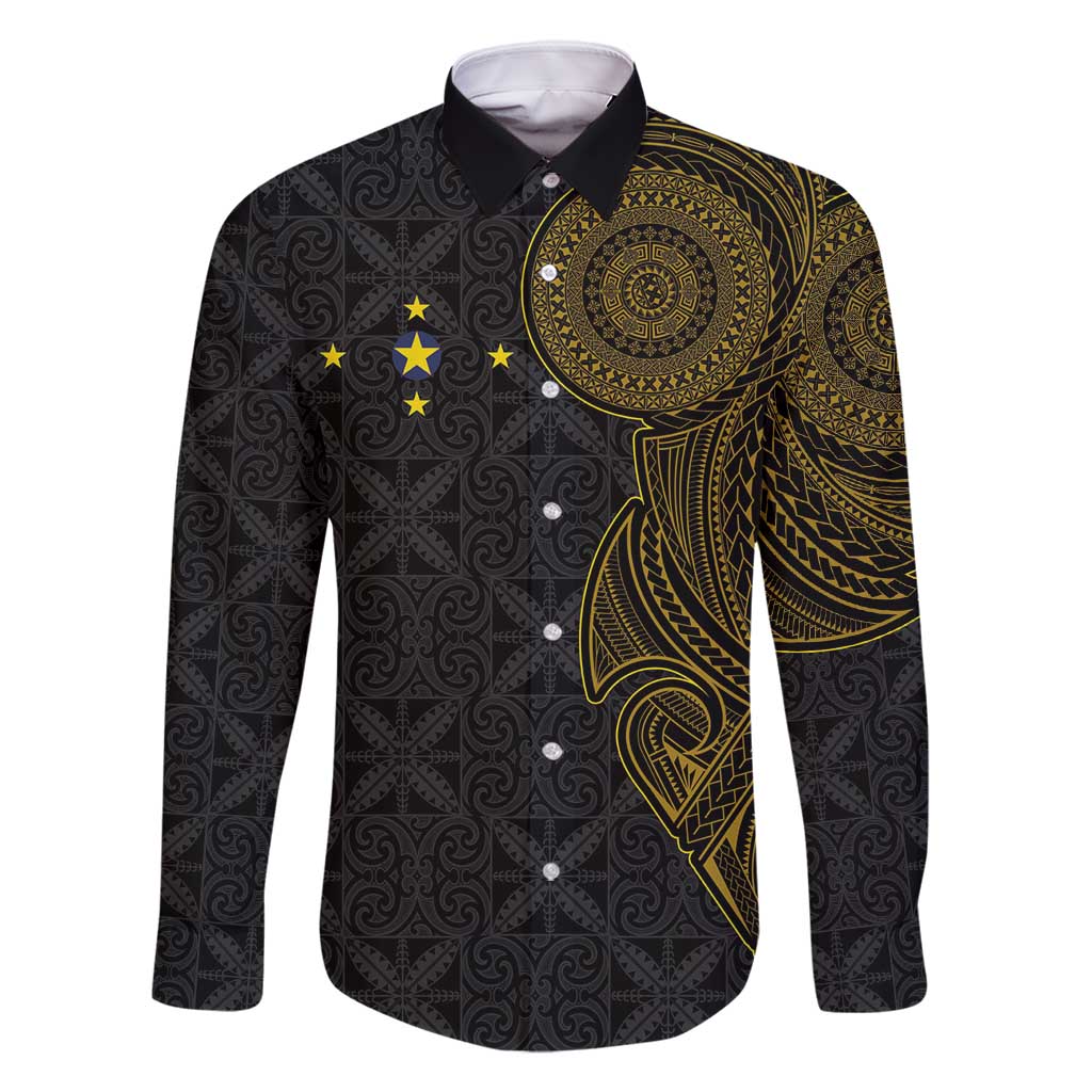 Niue Polynesian Hiapo Tattoo Art Family Matching Off Shoulder Short Dress and Hawaiian Shirt Half Style Black Gold Color LT03 Dad's Shirt - Long Sleeve Black - Polynesian Pride