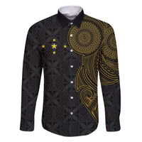 Niue Polynesian Hiapo Tattoo Art Family Matching Off Shoulder Short Dress and Hawaiian Shirt Half Style Black Gold Color LT03 Dad's Shirt - Long Sleeve Black - Polynesian Pride