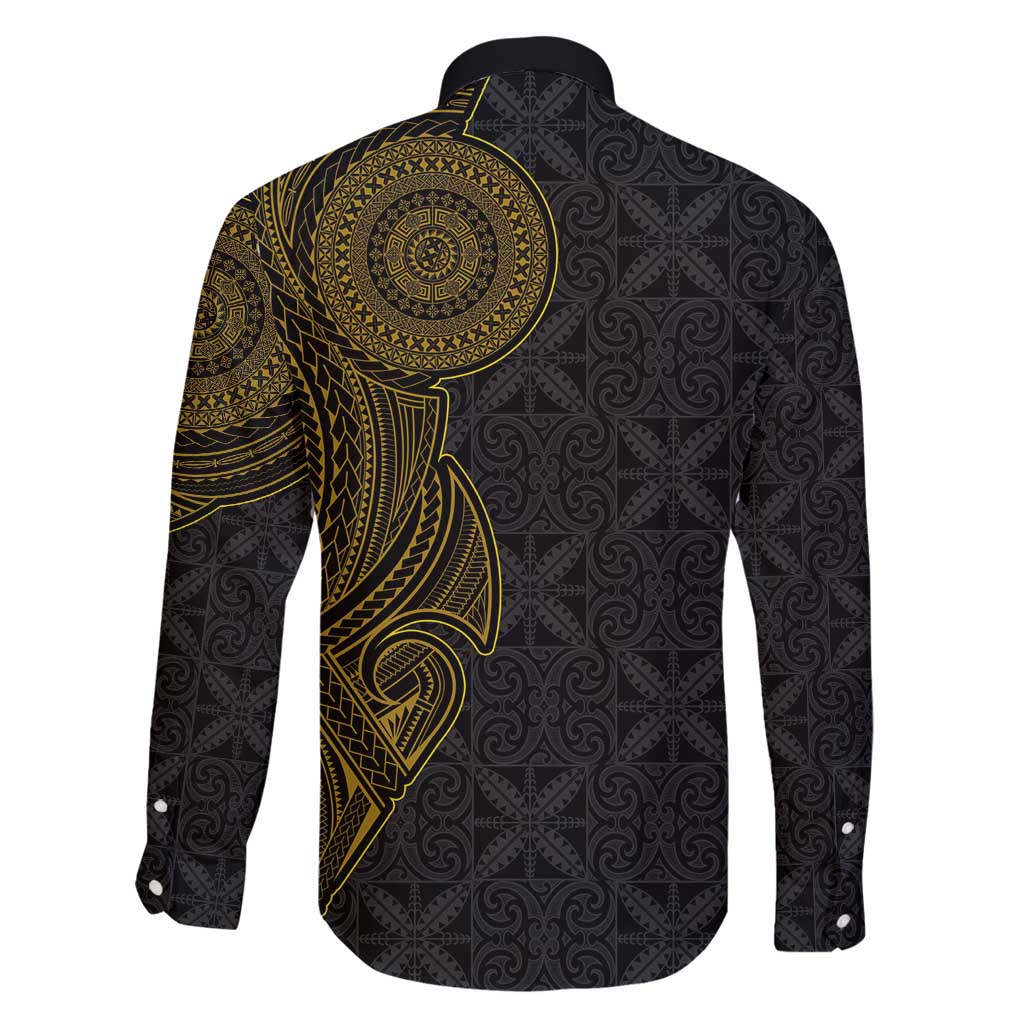 Niue Polynesian Hiapo Tattoo Art Family Matching Off Shoulder Short Dress and Hawaiian Shirt Half Style Black Gold Color LT03 - Polynesian Pride