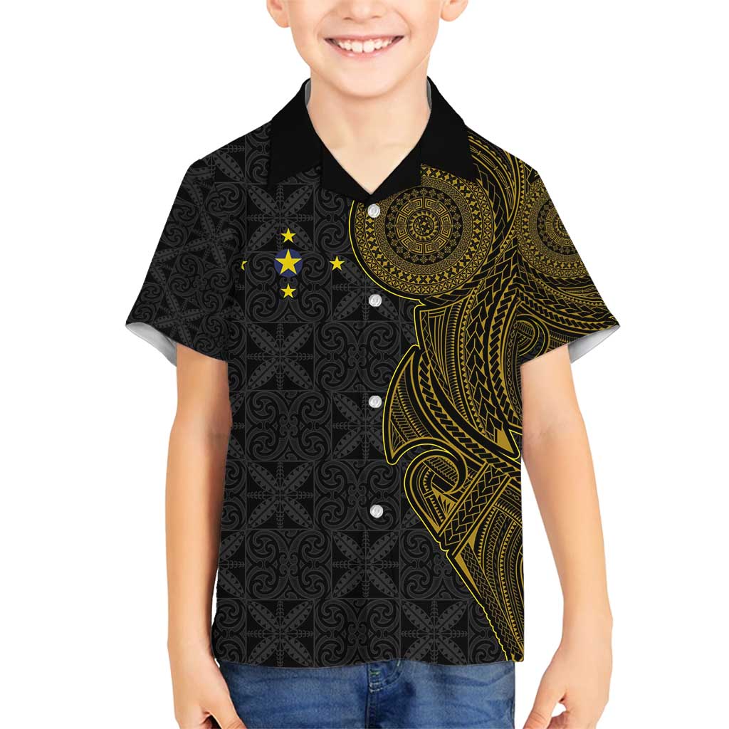 Niue Polynesian Hiapo Tattoo Art Family Matching Off Shoulder Short Dress and Hawaiian Shirt Half Style Black Gold Color LT03 Son's Shirt Black - Polynesian Pride