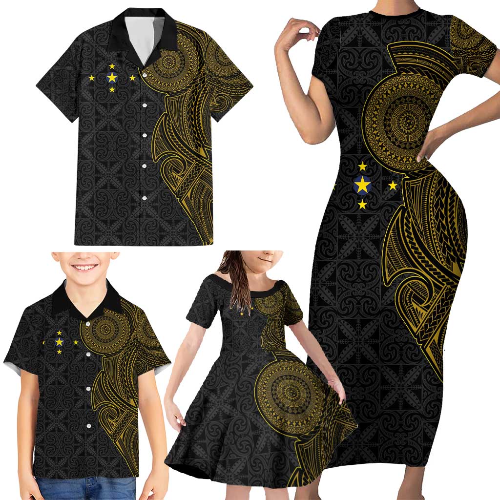 Niue Polynesian Hiapo Tattoo Art Family Matching Short Sleeve Bodycon Dress and Hawaiian Shirt Half Style Black Gold Color - Polynesian Pride
