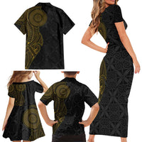 Niue Polynesian Hiapo Tattoo Art Family Matching Short Sleeve Bodycon Dress and Hawaiian Shirt Half Style Black Gold Color - Polynesian Pride