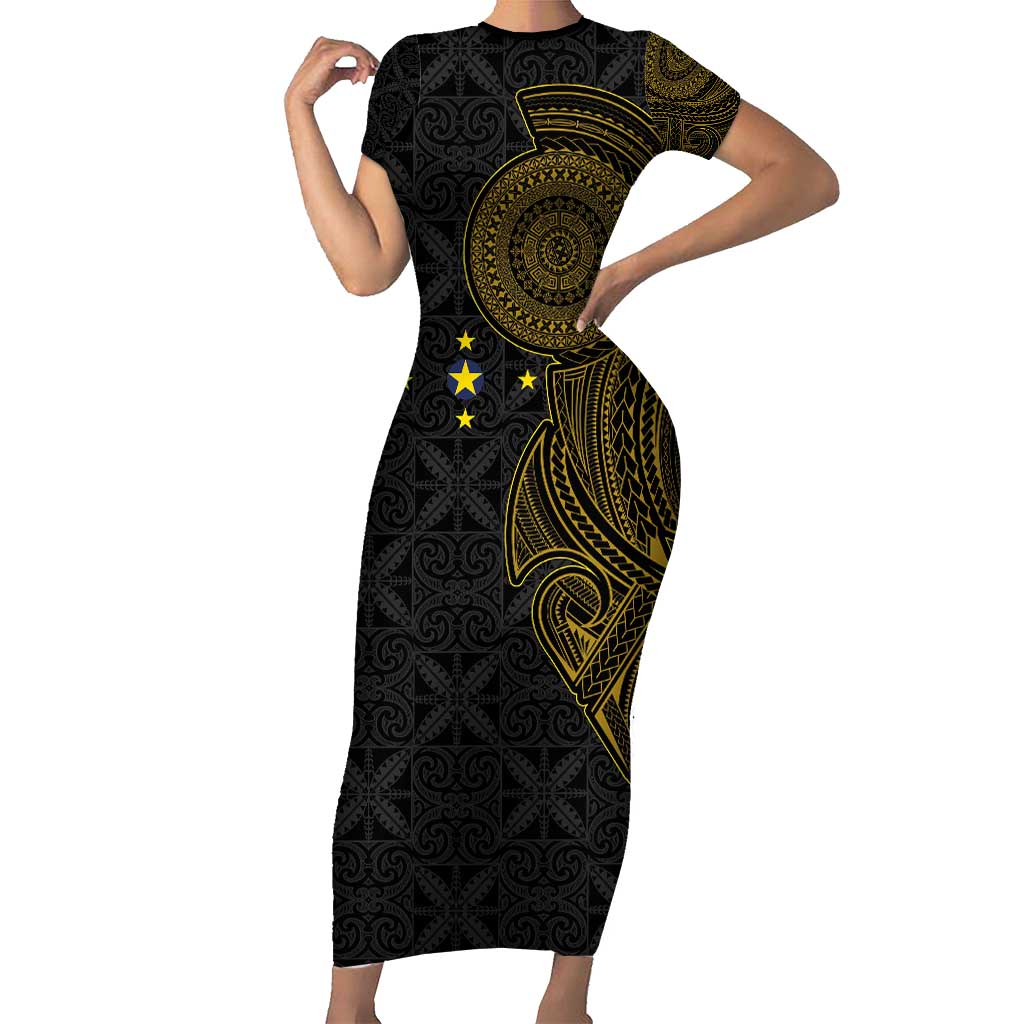 Niue Polynesian Hiapo Tattoo Art Family Matching Short Sleeve Bodycon Dress and Hawaiian Shirt Half Style Black Gold Color - Polynesian Pride
