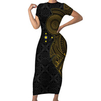 Niue Polynesian Hiapo Tattoo Art Family Matching Short Sleeve Bodycon Dress and Hawaiian Shirt Half Style Black Gold Color - Polynesian Pride