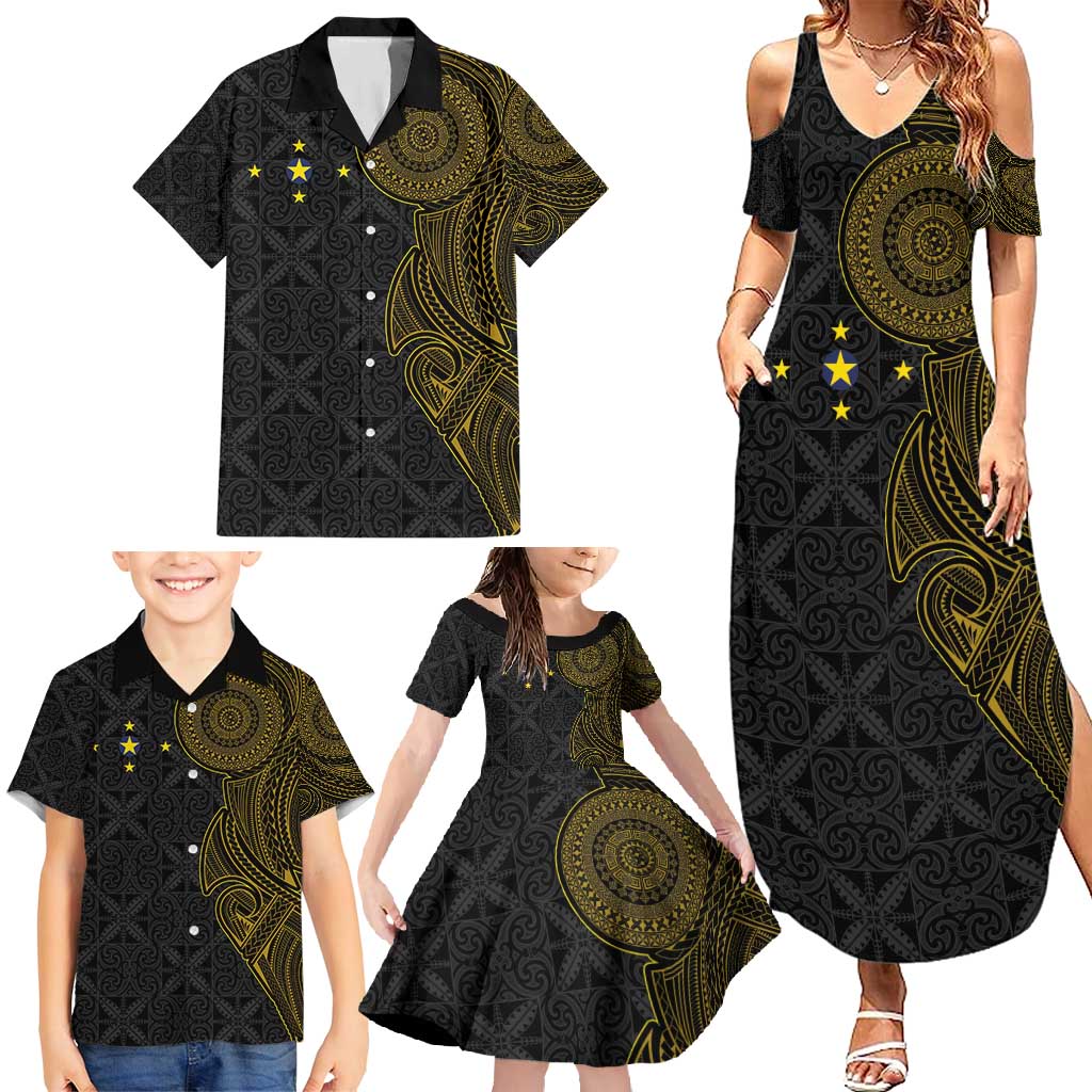 Niue Polynesian Hiapo Tattoo Art Family Matching Summer Maxi Dress and Hawaiian Shirt Half Style Black Gold Color - Polynesian Pride