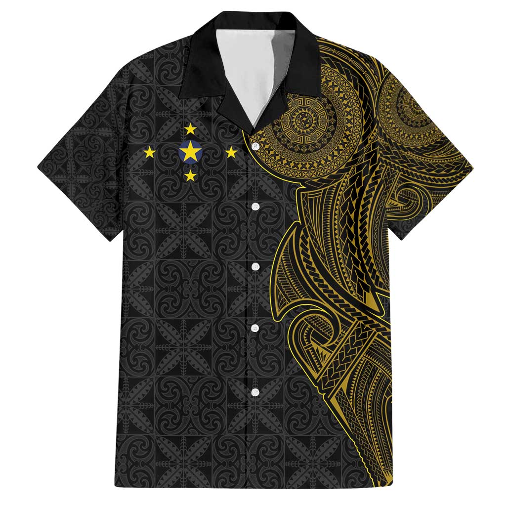 Niue Polynesian Hiapo Tattoo Art Hawaiian Shirt Half Style Black Gold Color - Polynesian Pride