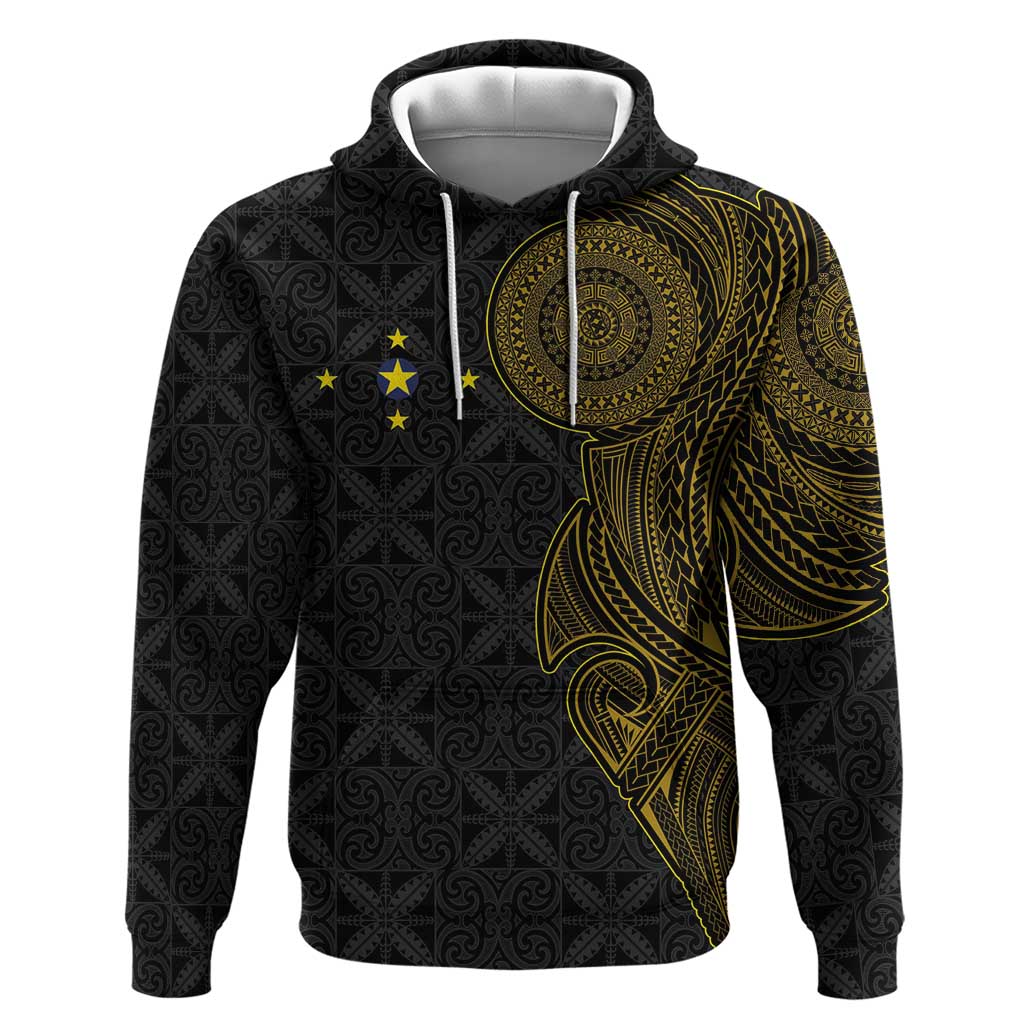 Niue Polynesian Hiapo Tattoo Art Hoodie Half Style Black Gold Color - Polynesian Pride