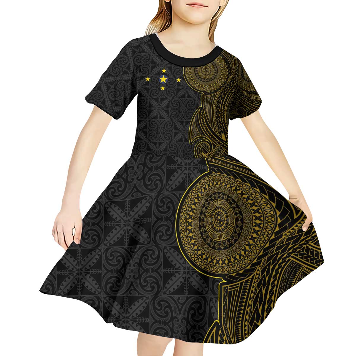 Niue Polynesian Hiapo Tattoo Art Kid Short Sleeve Dress Half Style Black Gold Color - Polynesian Pride