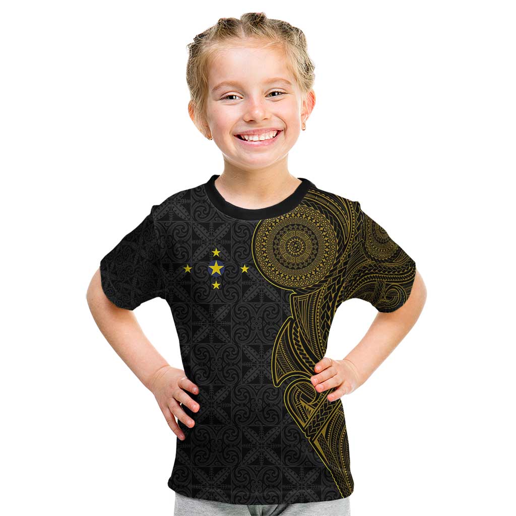 Niue Polynesian Hiapo Tattoo Art Kid T Shirt Half Style Black Gold Color - Polynesian Pride