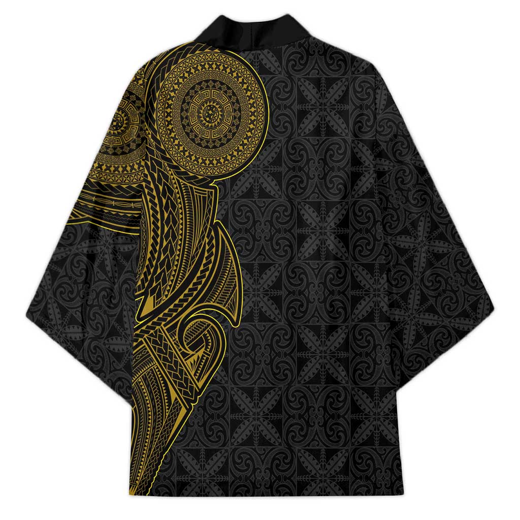 Niue Polynesian Hiapo Tattoo Art Kimono Half Style Black Gold Color - Polynesian Pride