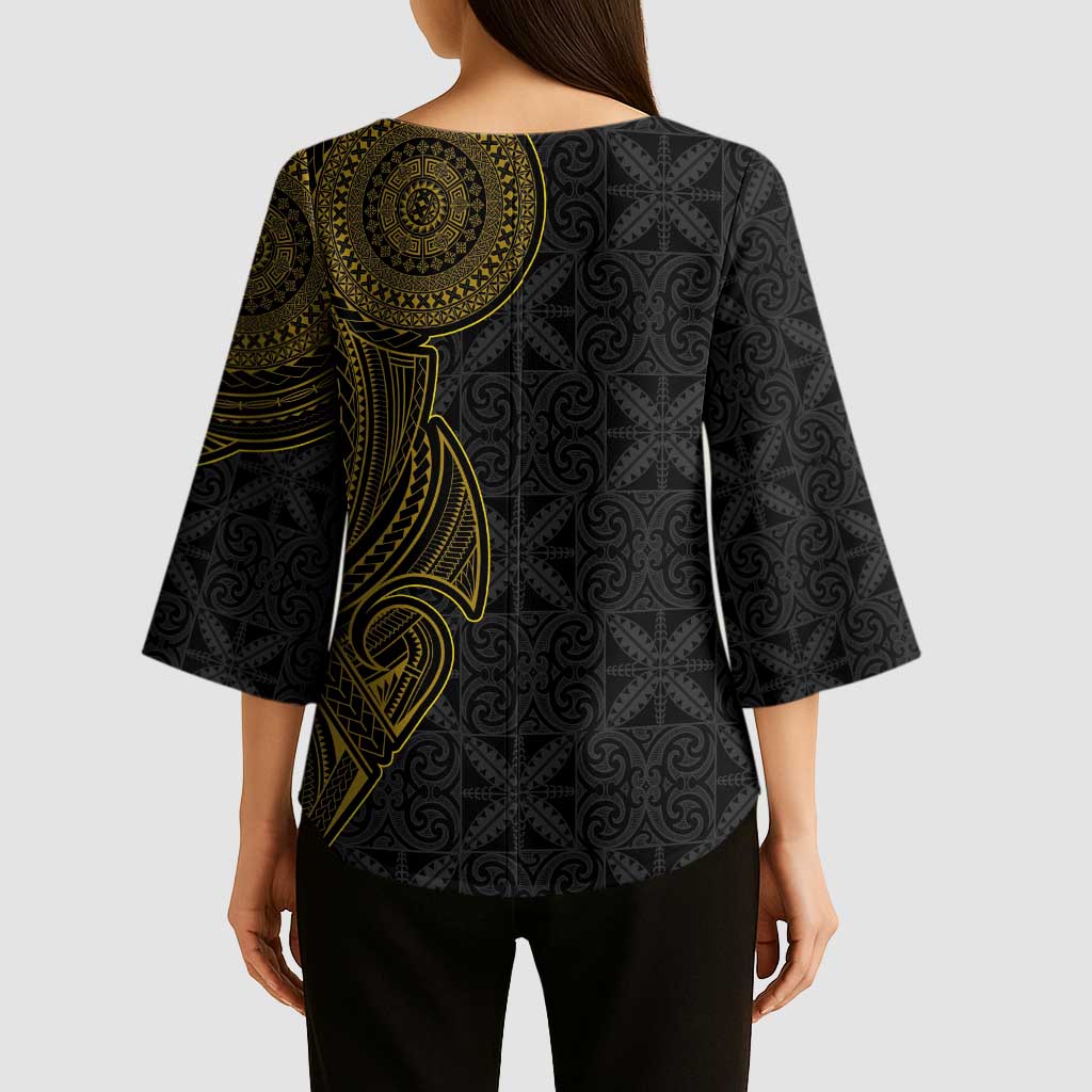 Niue Polynesian Hiapo Tattoo Art Kimono Sleeve Blouse Half Style Black Gold Color - Polynesian Pride