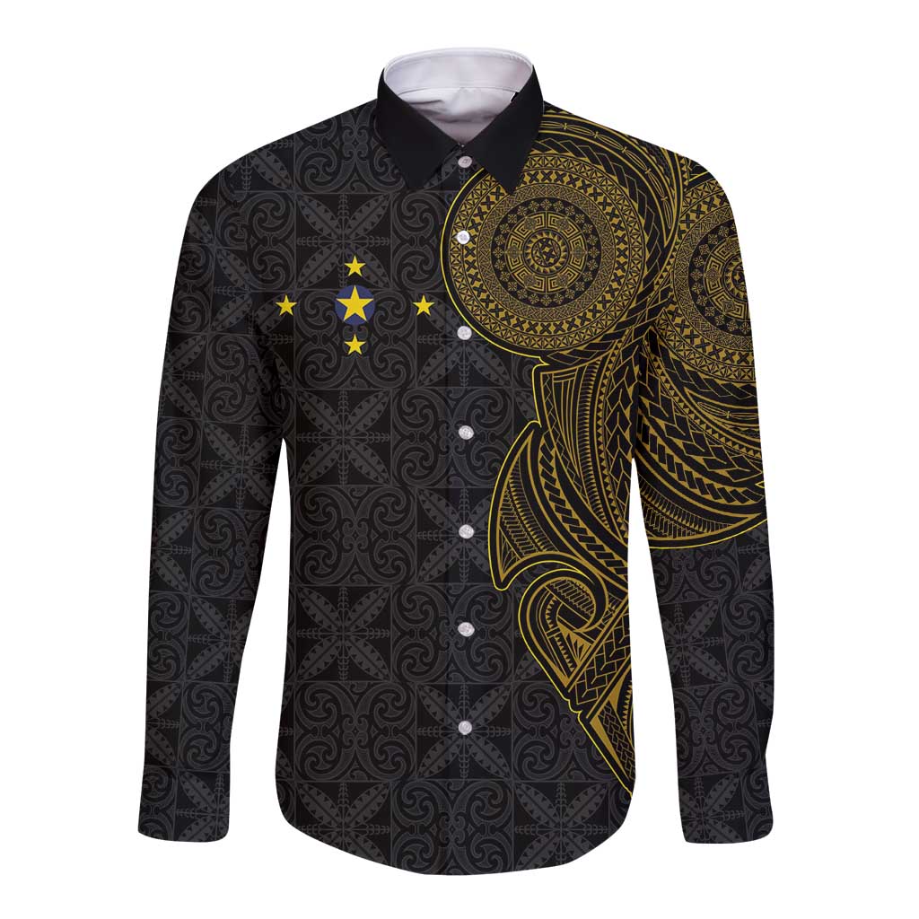 Niue Polynesian Hiapo Tattoo Art Long Sleeve Button Shirt Half Style Black Gold Color - Polynesian Pride