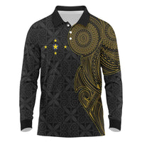 Niue Polynesian Hiapo Tattoo Art Long Sleeve Polo Shirt Half Style Black Gold Color - Polynesian Pride
