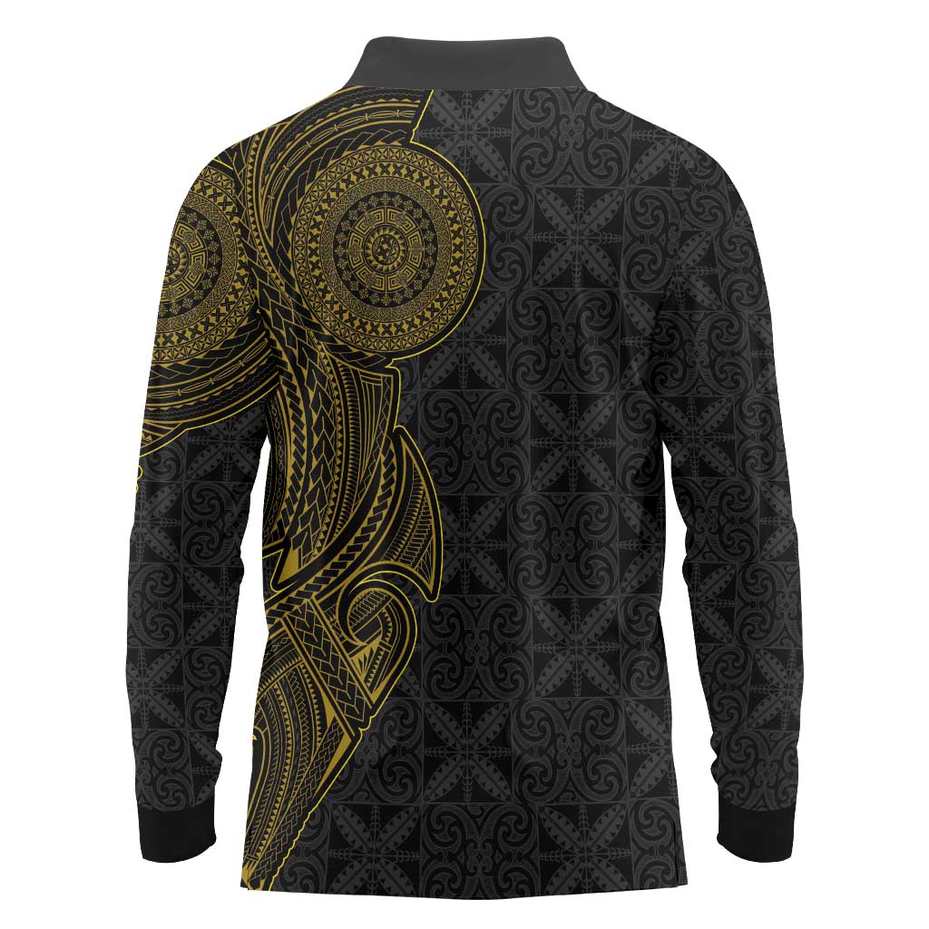 Niue Polynesian Hiapo Tattoo Art Long Sleeve Polo Shirt Half Style Black Gold Color - Polynesian Pride