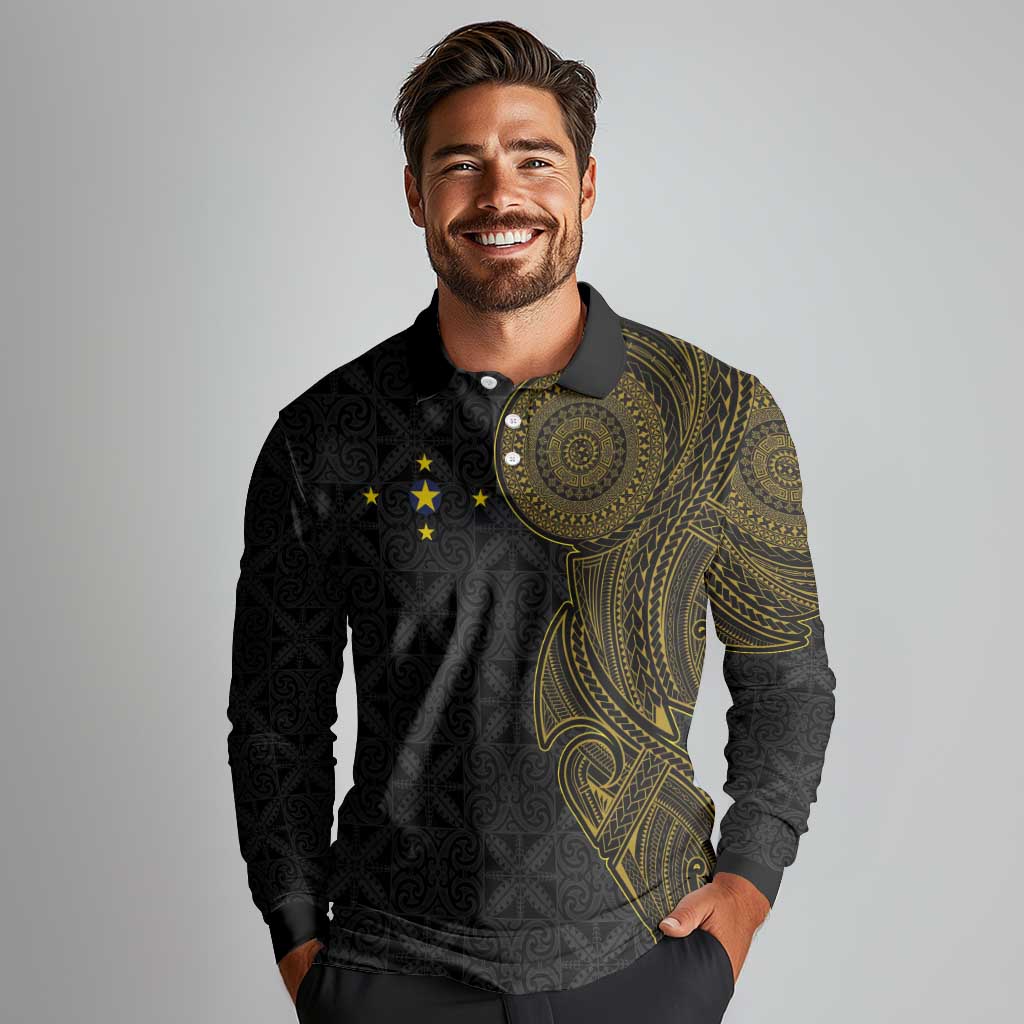 Niue Polynesian Hiapo Tattoo Art Long Sleeve Polo Shirt Half Style Black Gold Color - Polynesian Pride