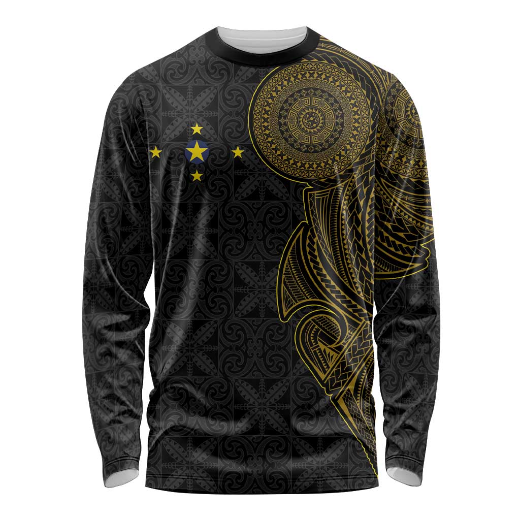 Niue Polynesian Hiapo Tattoo Art Long Sleeve Shirt Half Style Black Gold Color - Polynesian Pride