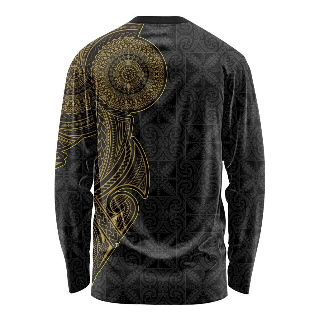 Niue Polynesian Hiapo Tattoo Art Long Sleeve Shirt Half Style Black Gold Color - Polynesian Pride