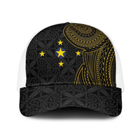 Niue Polynesian Hiapo Tattoo Art Mesh Trucker Cap Half Style Black Gold Color - Polynesian Pride