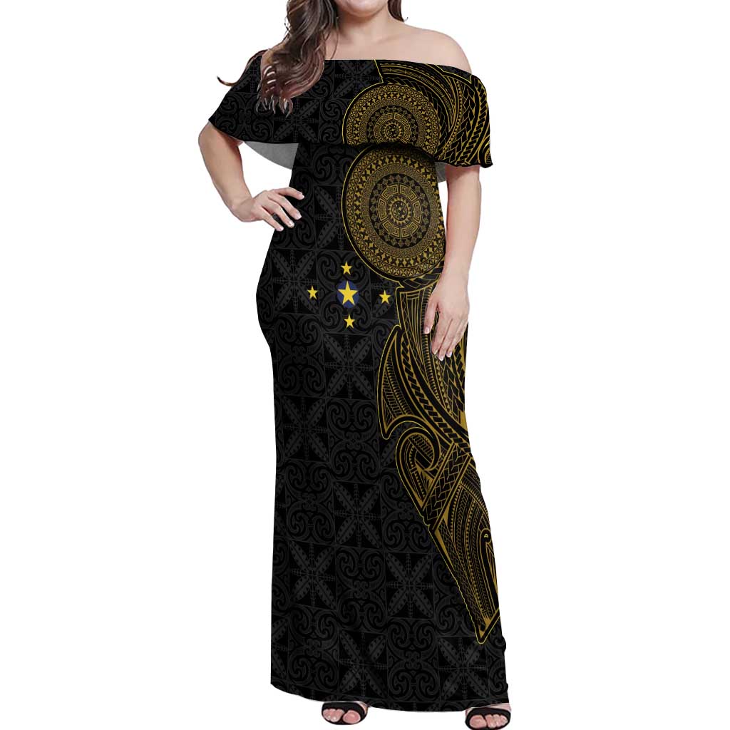 Niue Polynesian Hiapo Tattoo Art Off Shoulder Maxi Dress Half Style Black Gold Color - Polynesian Pride