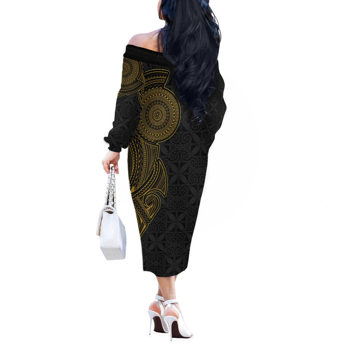 Niue Polynesian Hiapo Tattoo Art Off The Shoulder Long Sleeve Dress Half Style Black Gold Color - Polynesian Pride