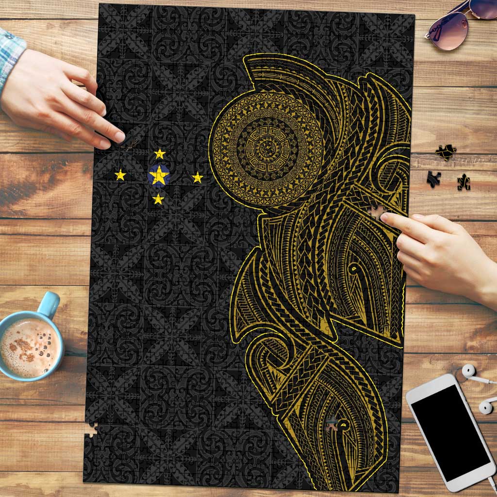 Niue Polynesian Hiapo Tattoo Art Puzzle Half Style Black Gold Color - Polynesian Pride