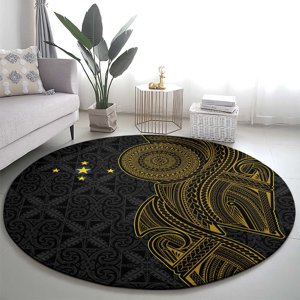 Niue Polynesian Hiapo Tattoo Art Round Carpet Half Style Black Gold Color - Polynesian Pride