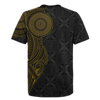 Niue Polynesian Hiapo Tattoo Art Rugby Jersey Half Style Black Gold Color - Polynesian Pride