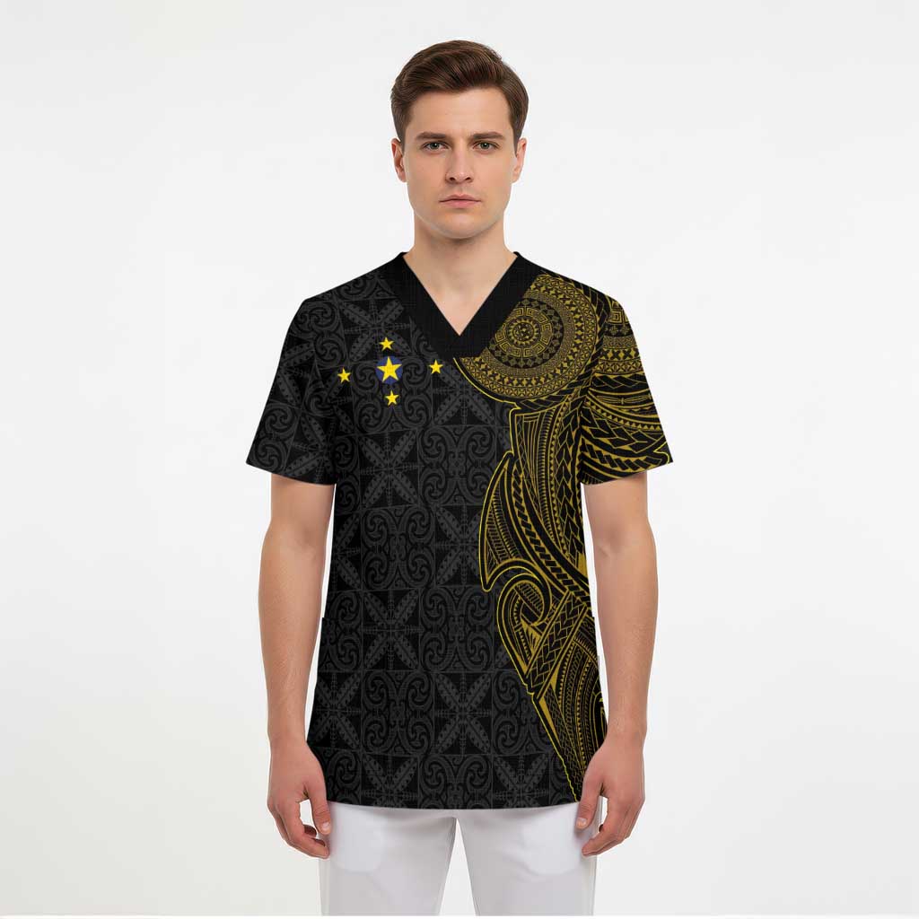Niue Polynesian Hiapo Tattoo Art Scrub Top Half Style Black Gold Color - Polynesian Pride